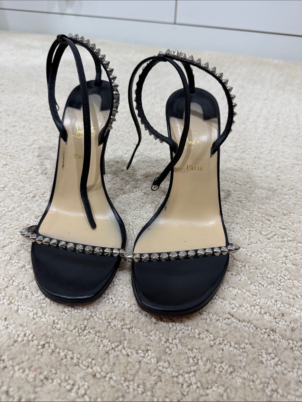 Christian Louboutin Black Leather Studded Ankle-Strap Sandals